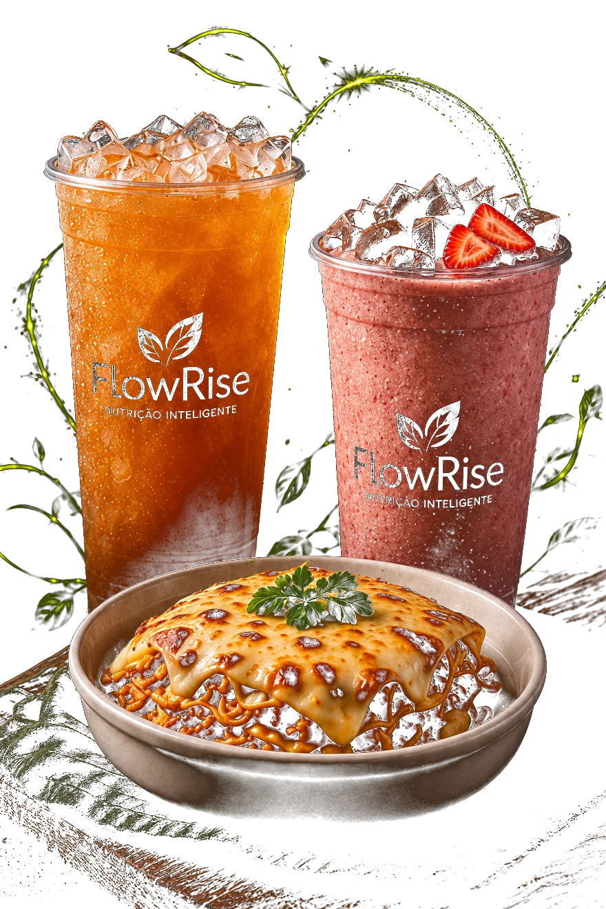 Bebida funcional, shake de morango com chocolate e refeição proteica FlowRise